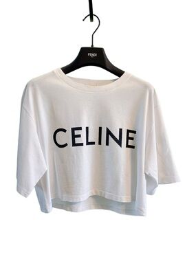 🚩steal Celine White Cropped Logo Tee with Black Print